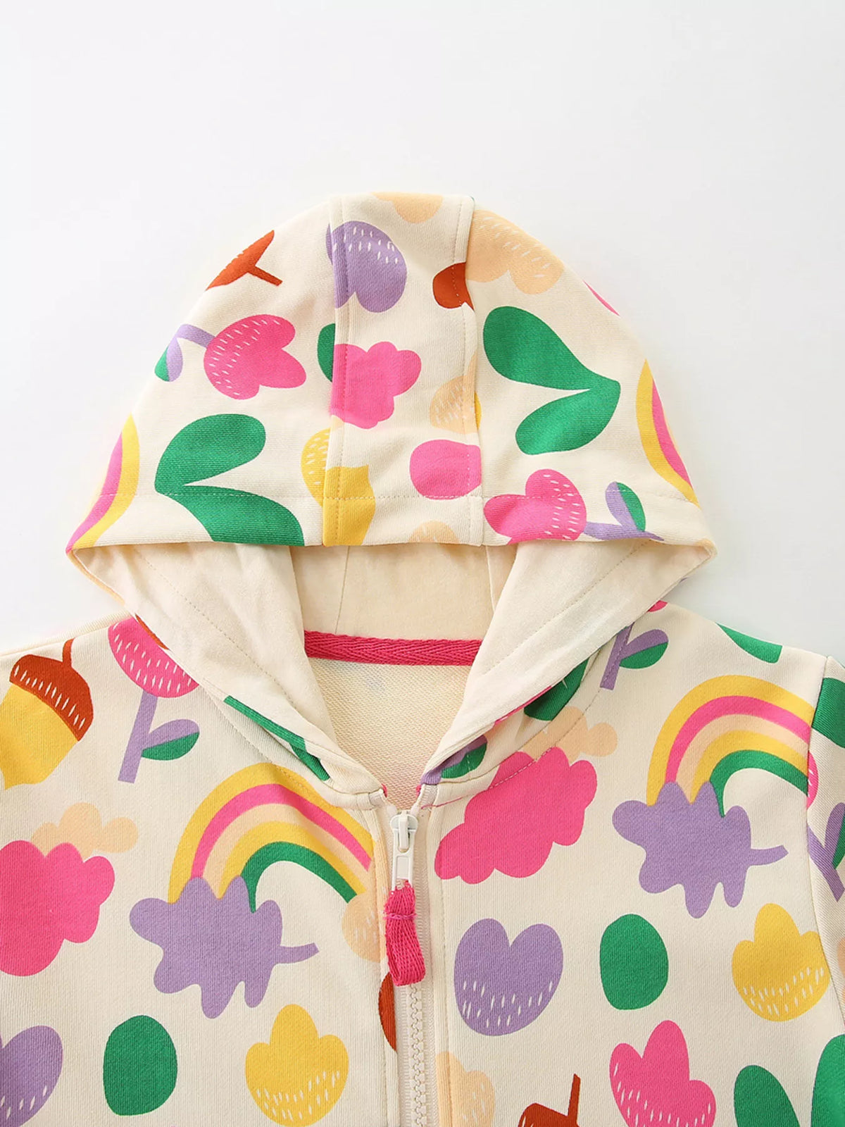 Floral Rainbow Zip-Up Hoodie — hood and neckline