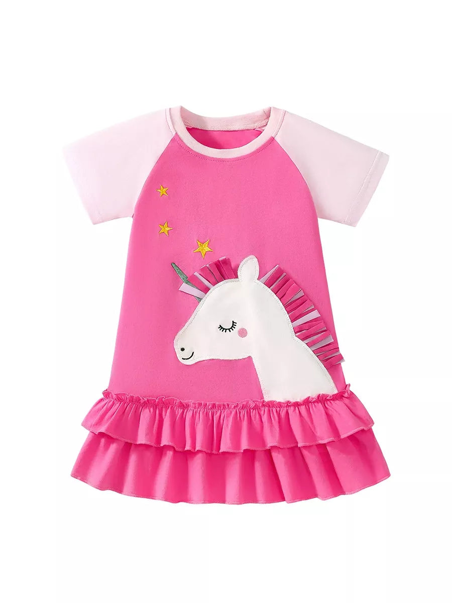 Pink Unicorn Double-Ruffle Hem Dress — front view