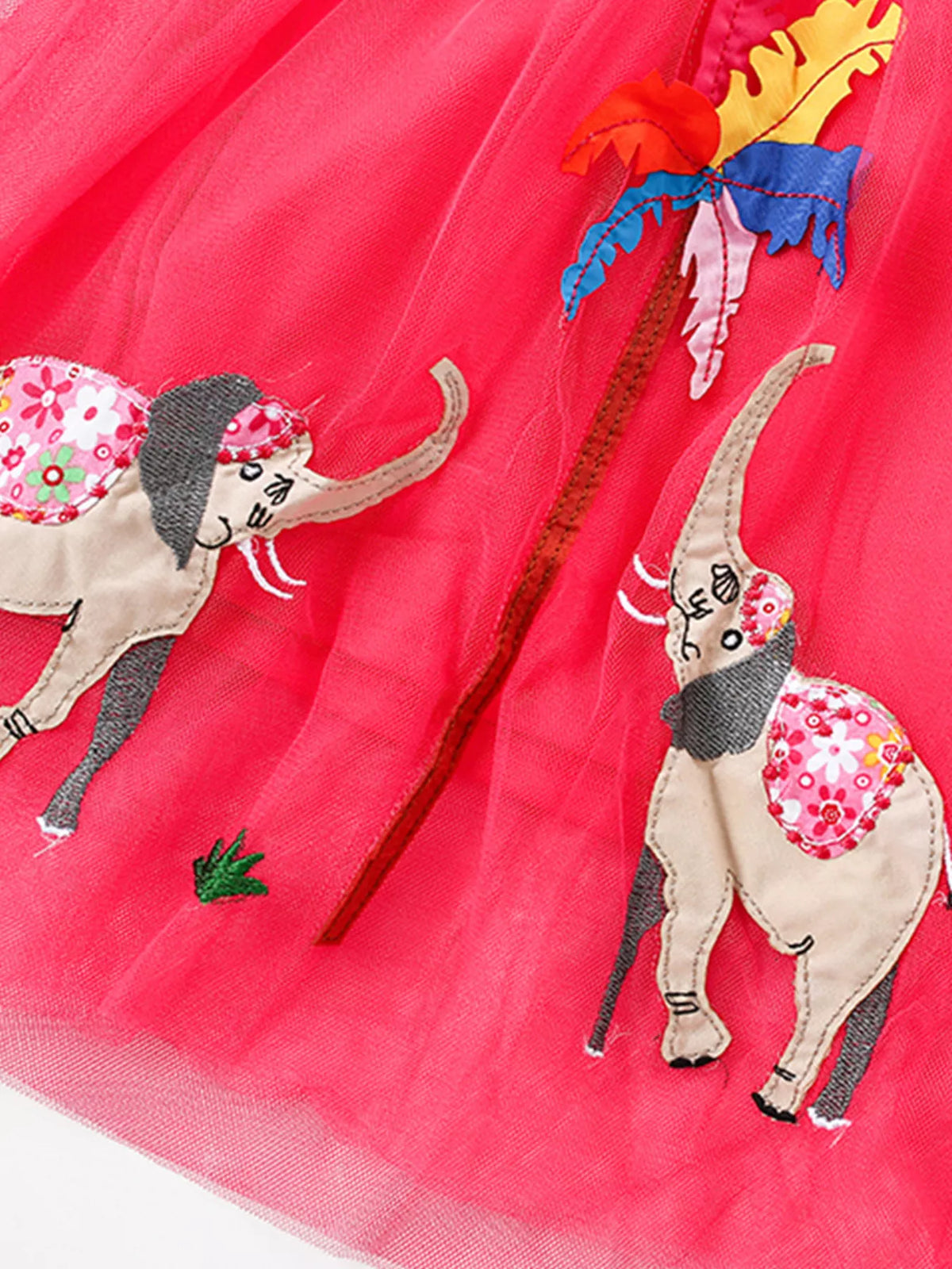 Pink striped elephant tulle dress — elephant and palm tree skirt appliques