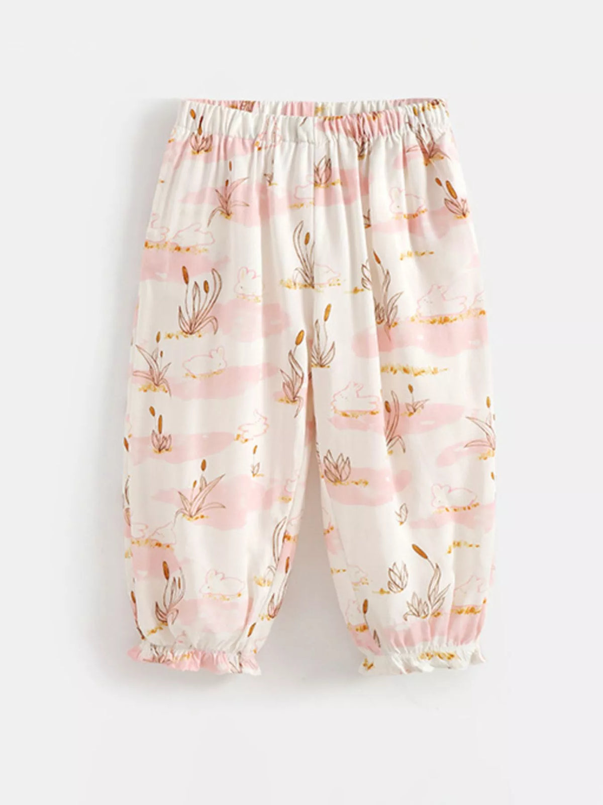 Pale botanical-print loose-fit pants laid flat