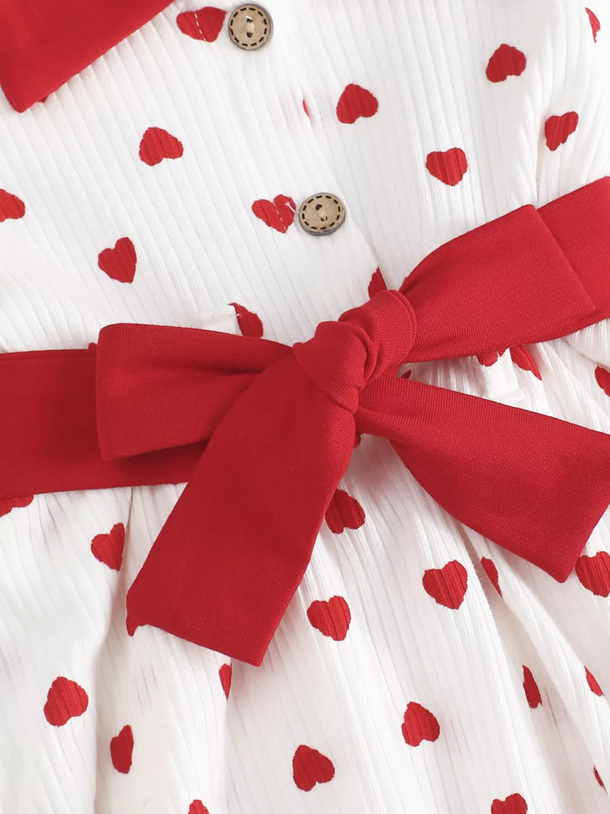 White red heart print tiered dress and bow belt — waist bow and buttons