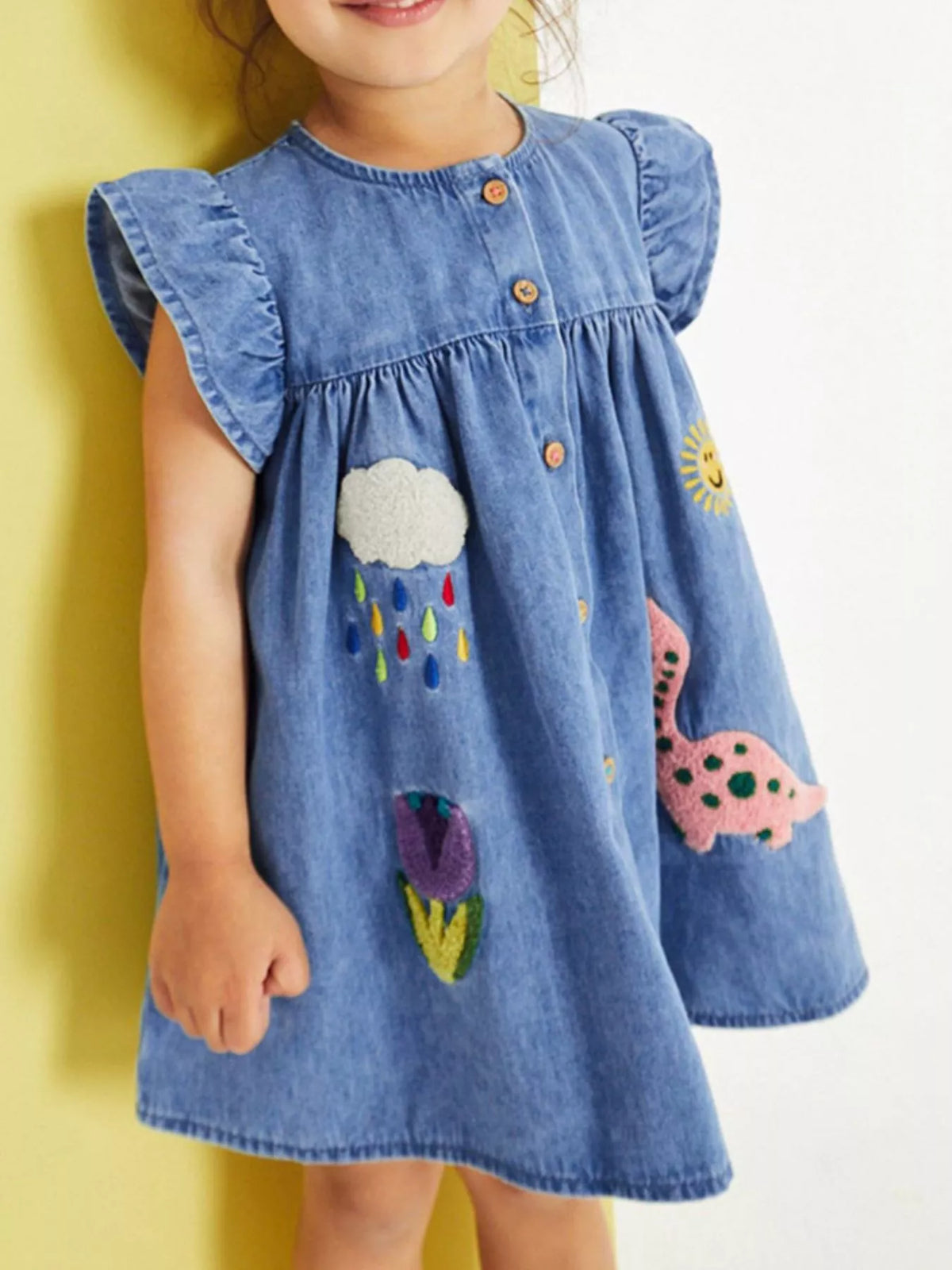 Pink Dinosaur Embroidered Denim Dress — dress worn by a child front