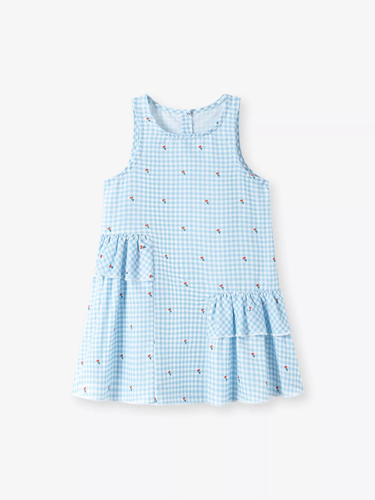 Blue Gingham Asymmetric Ruffle Dress — front view