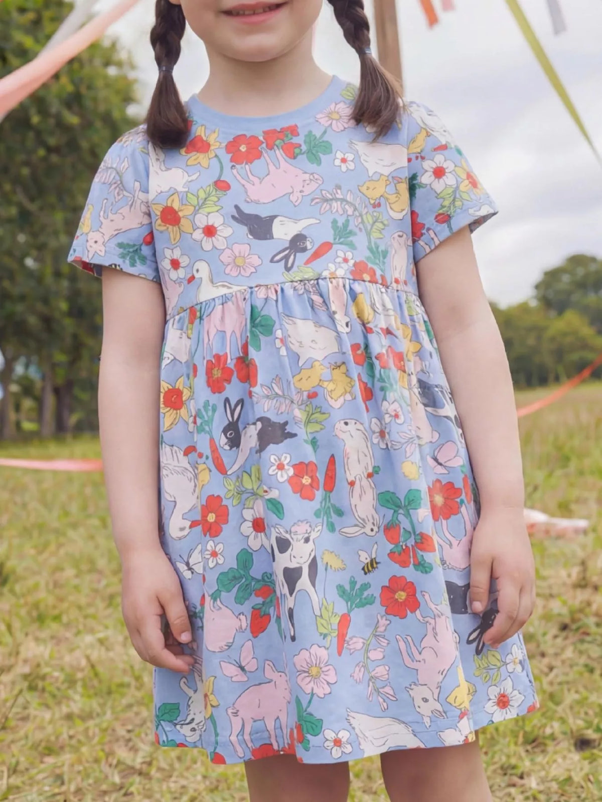 Blue Farm Animal Print Dress — dress worn by a child