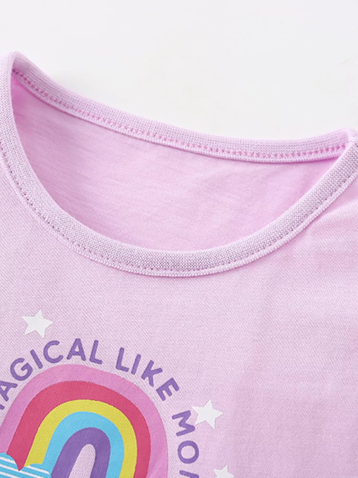 Light pink unicorn castle graphic ruffle hem shirt — round neckline