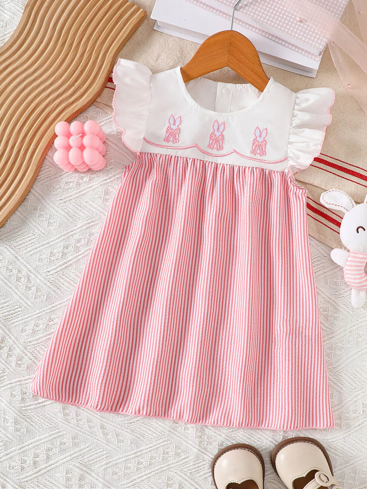 Baby Embroidered Yoke Striped Dress — pink striped dress front