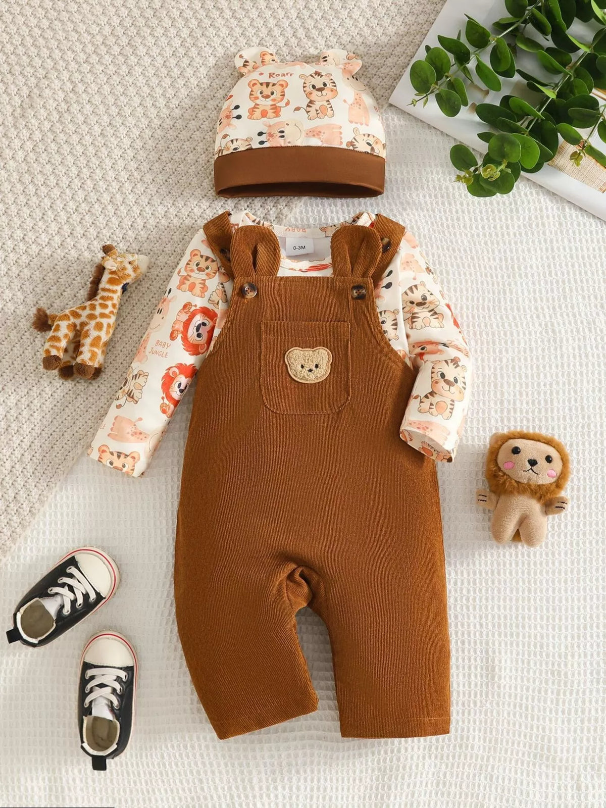Brown corduroy bear pocket overalls animal print bodysuit and hat — full outfit front