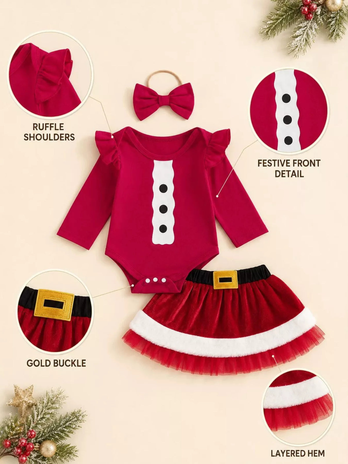 Outfit and headband with shoulder, button, buckle and hem detail insets