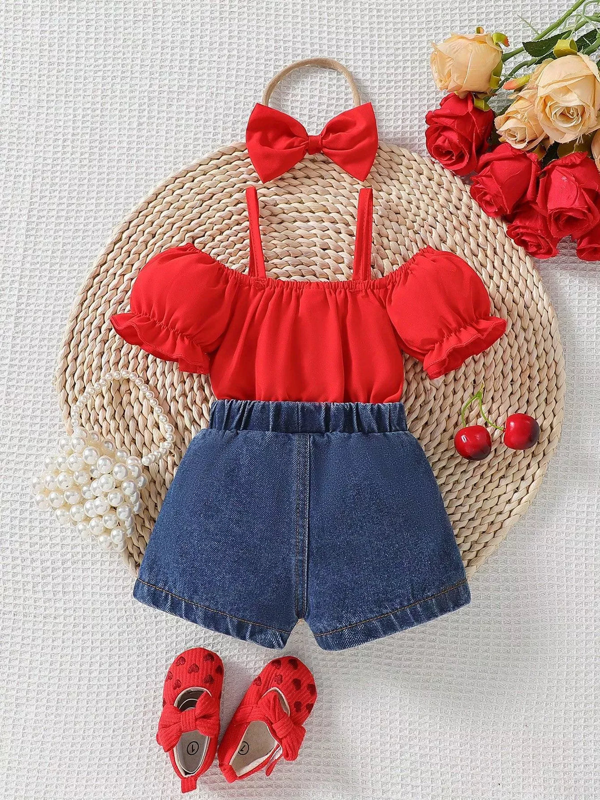 Ruffle cold shoulder top heart denim shorts and headband — red outfit back