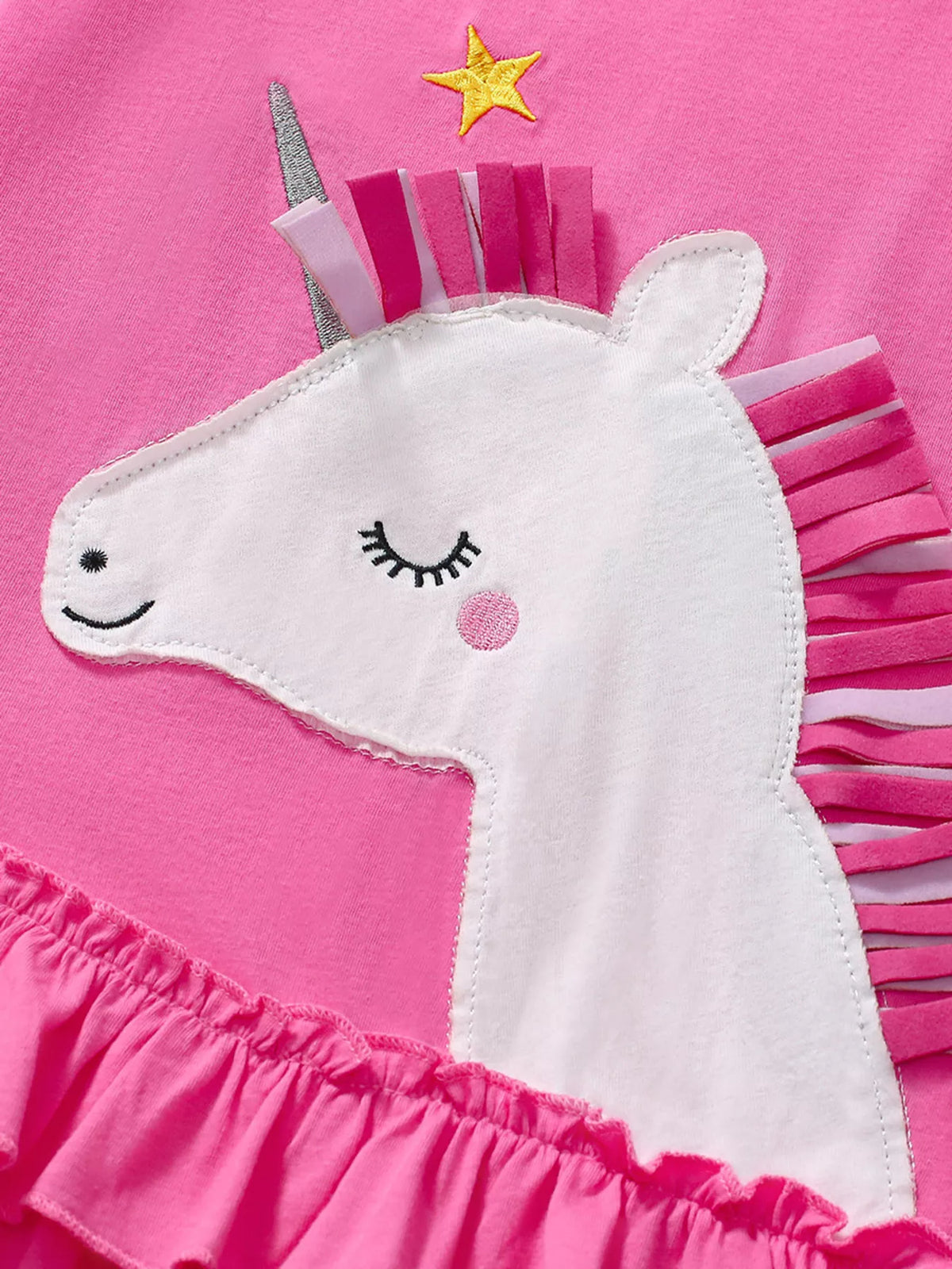 Pink Unicorn Double-Ruffle Hem Dress — unicorn applique