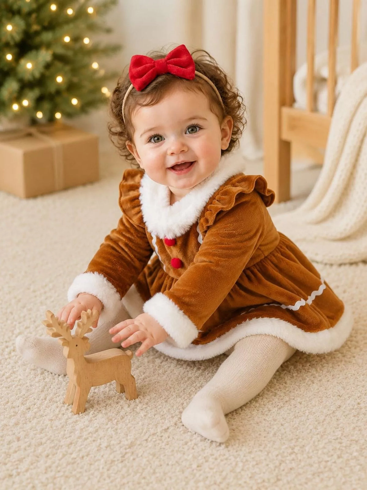 Baby wearing the caramel outfit and holding a toy