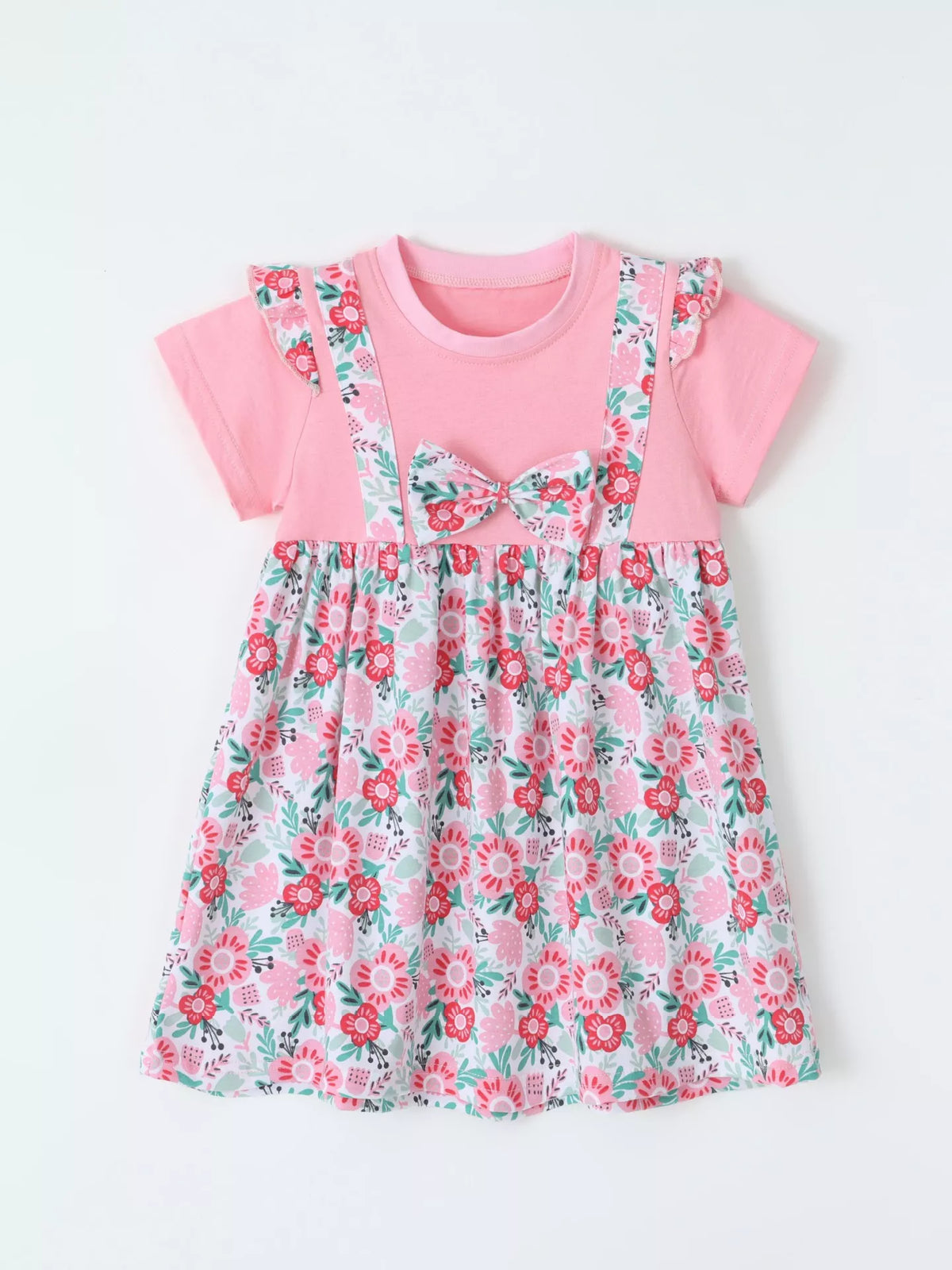 Pink short-sleeve dress with floral trim, a waist bow and floral skirt laid flat