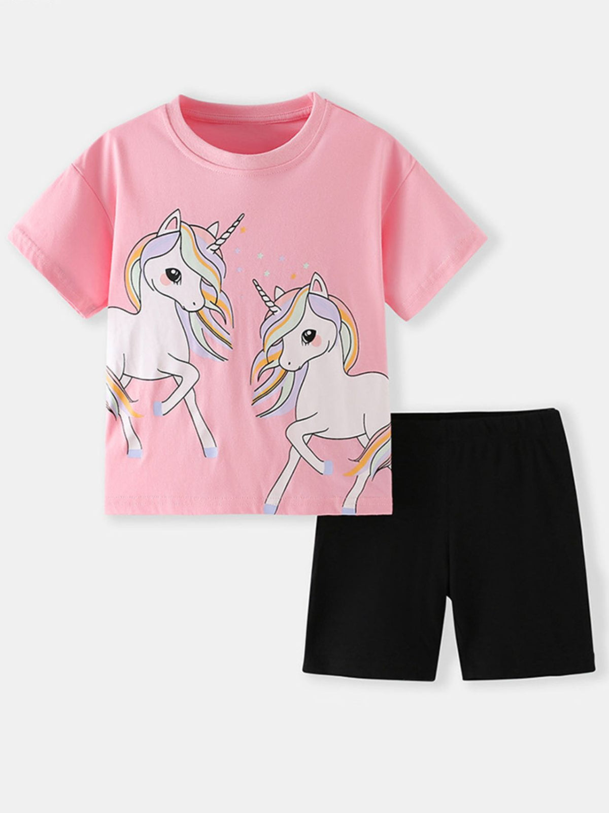 Pink Unicorn T-Shirt and Shorts Set — tee and shorts flat lay
