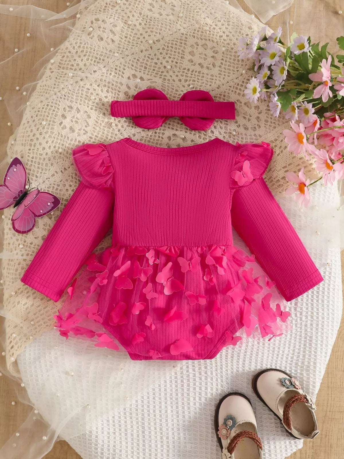 Fuchsia ribbed ruffle bodysuit and bow headband — bodysuit back