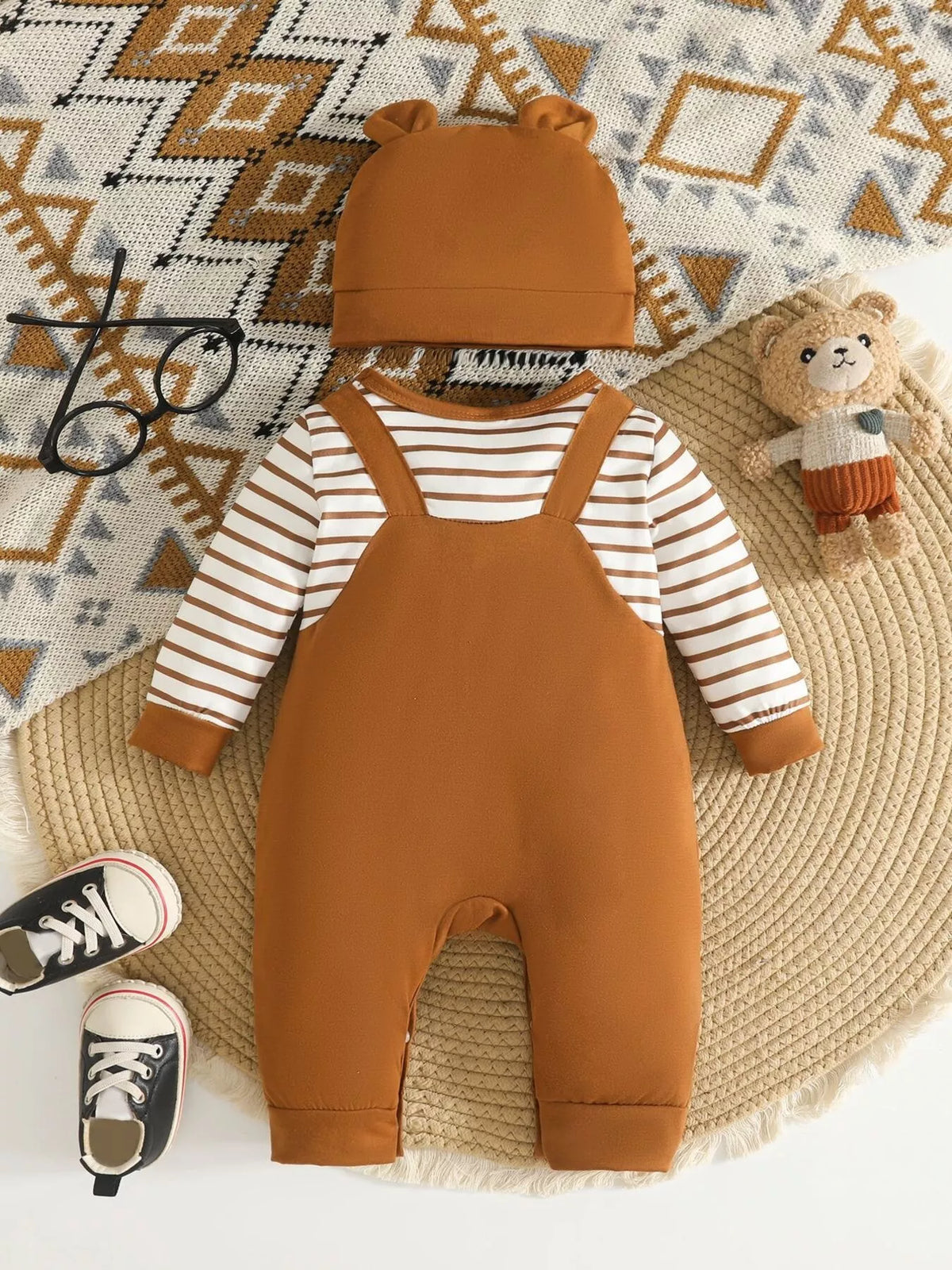 Brown bear jumpsuit with striped sleeves and hat — jumpsuit back with hat