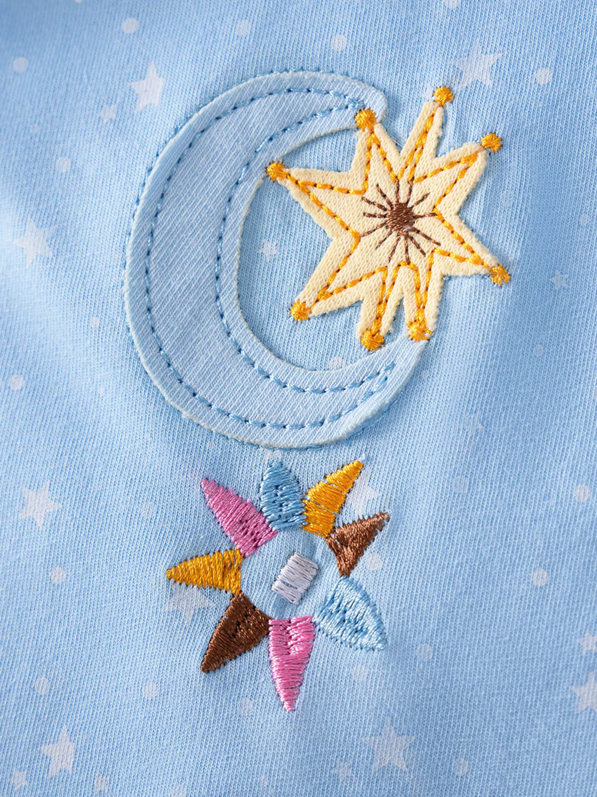 Blue Unicorn and Star Embroidered Dress — moon and flower embroidery detail