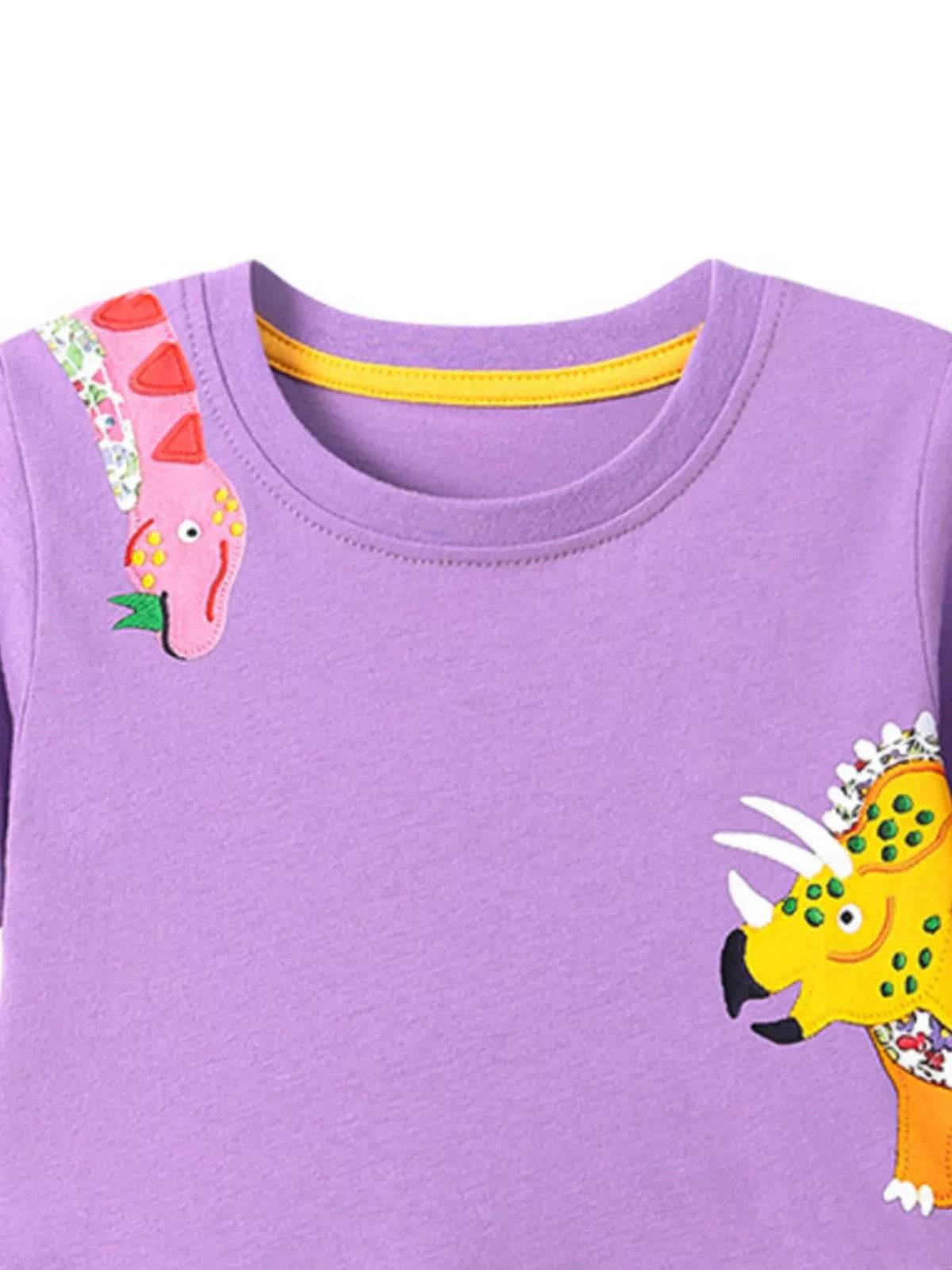 Animal Applique Short Sleeve Cotton Dress — neckline and dinosaur detail