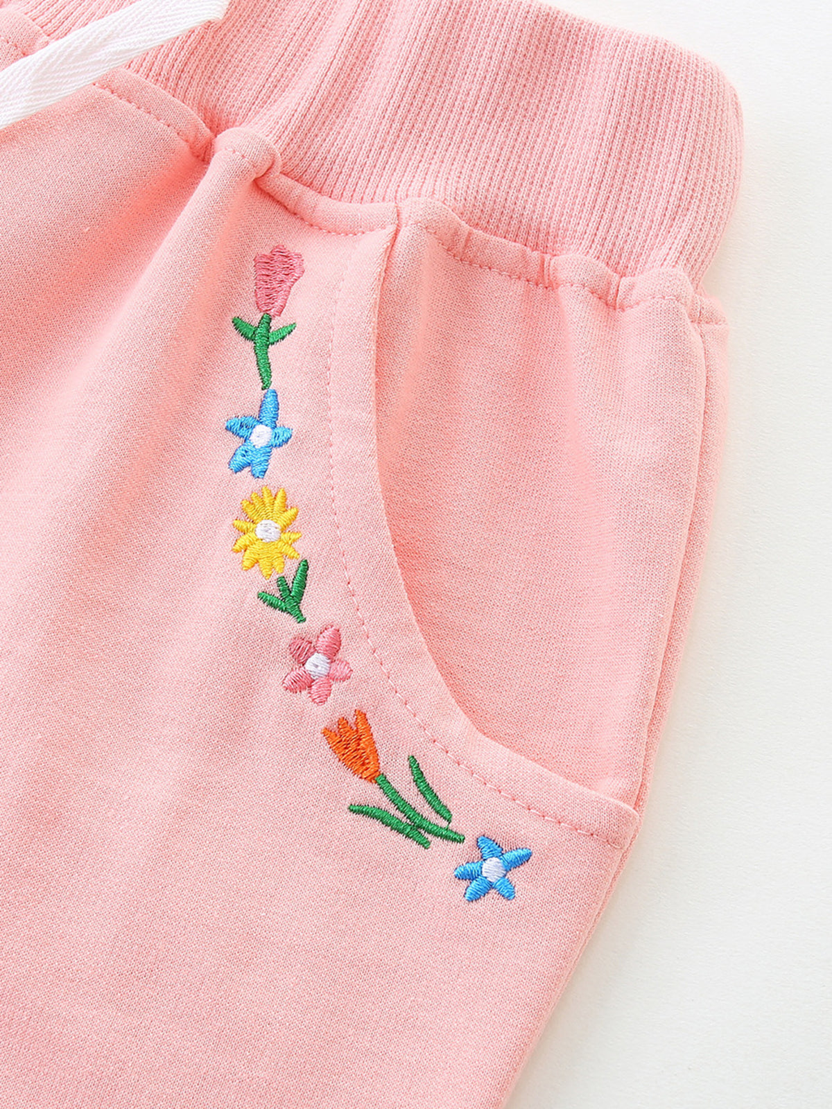 Pink Floral Embroidered Drawstring Shorts — floral pocket embroidery