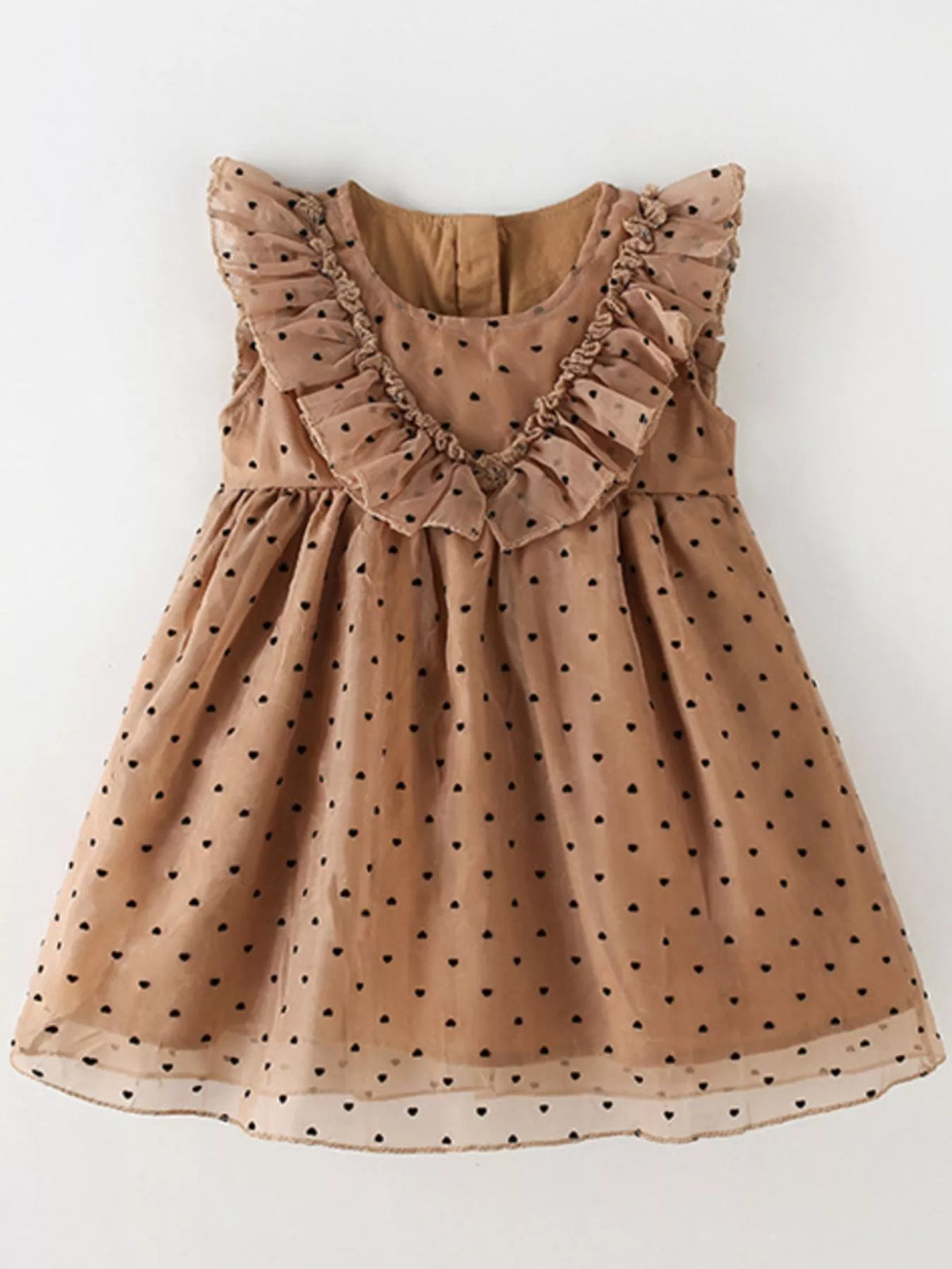 Caramel polka-dot dress with ruffled bodice trim laid flat