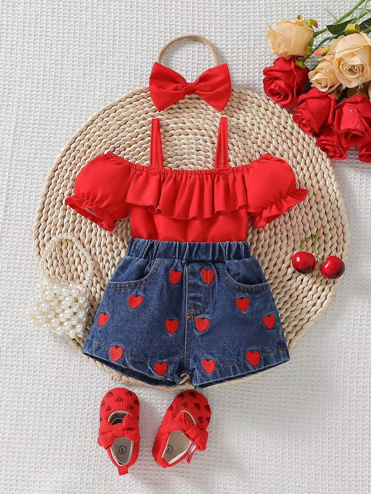 Ruffle cold shoulder top heart denim shorts and headband — red outfit and headband laid flat