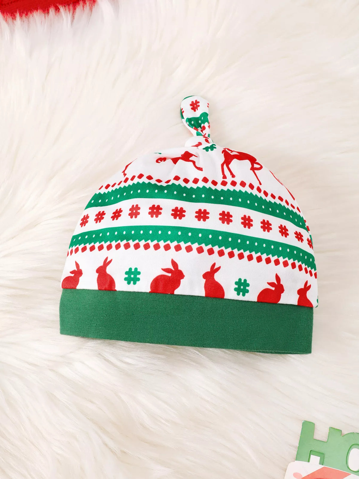 Green Santa reindeer bodysuit printed pants and hat — matching printed knot hat