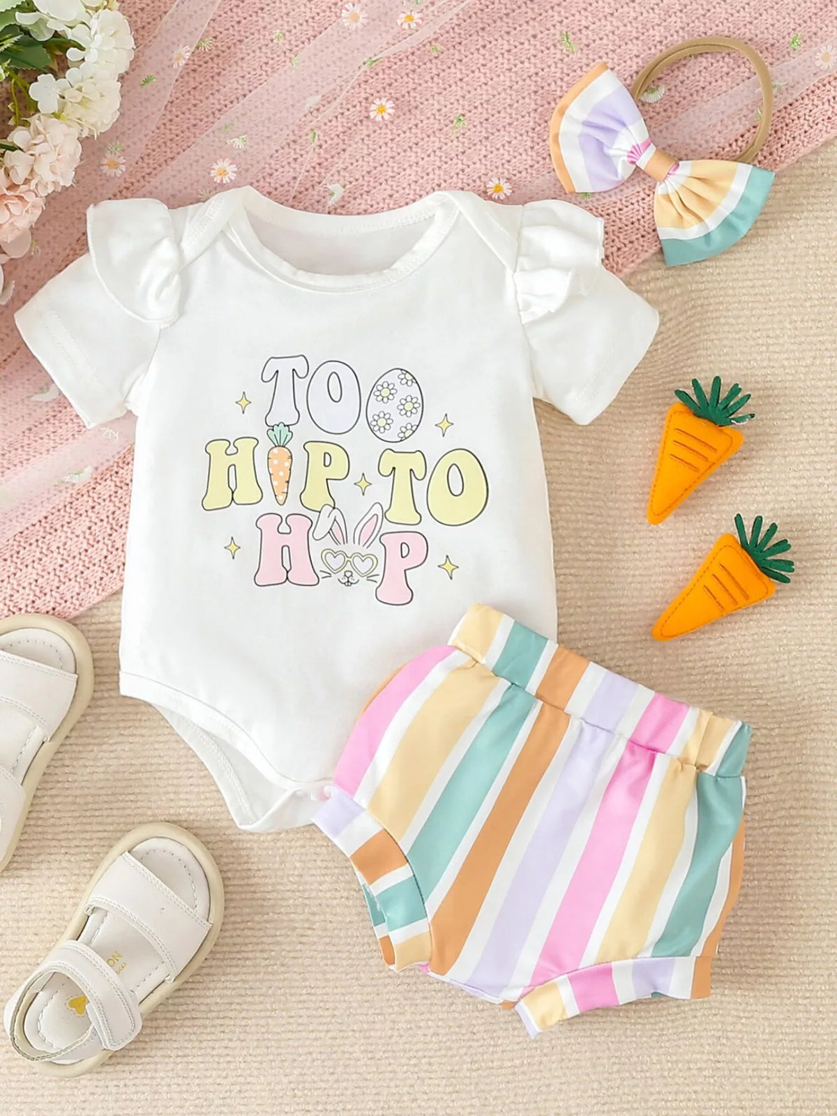 White Easter graphic ruffle bodysuit with pastel striped shorts and headband laid flat