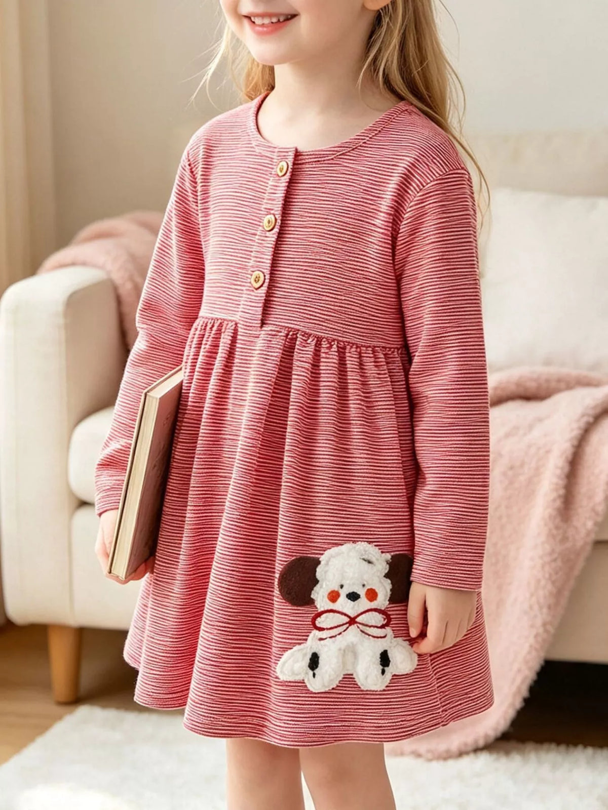 Red striped long-sleeve dress with a puppy applique on a child