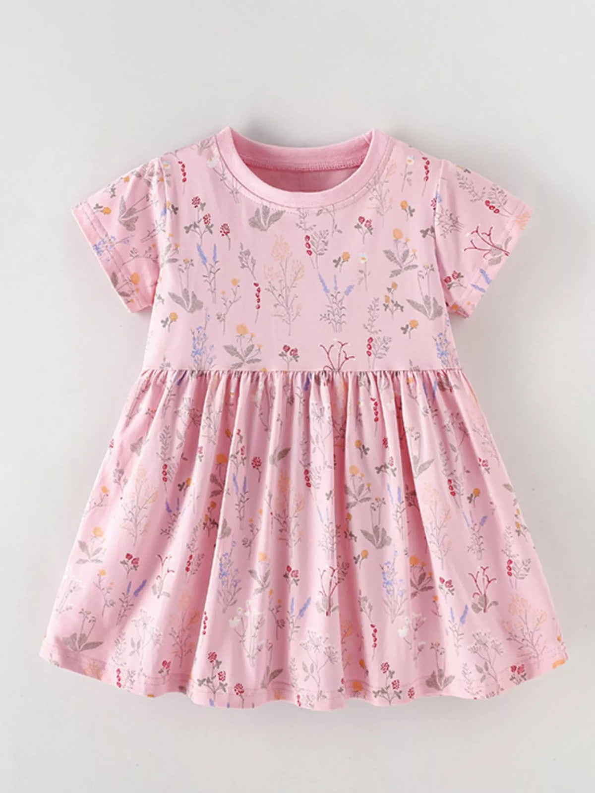 Dusty pink floral short-sleeve dress laid flat