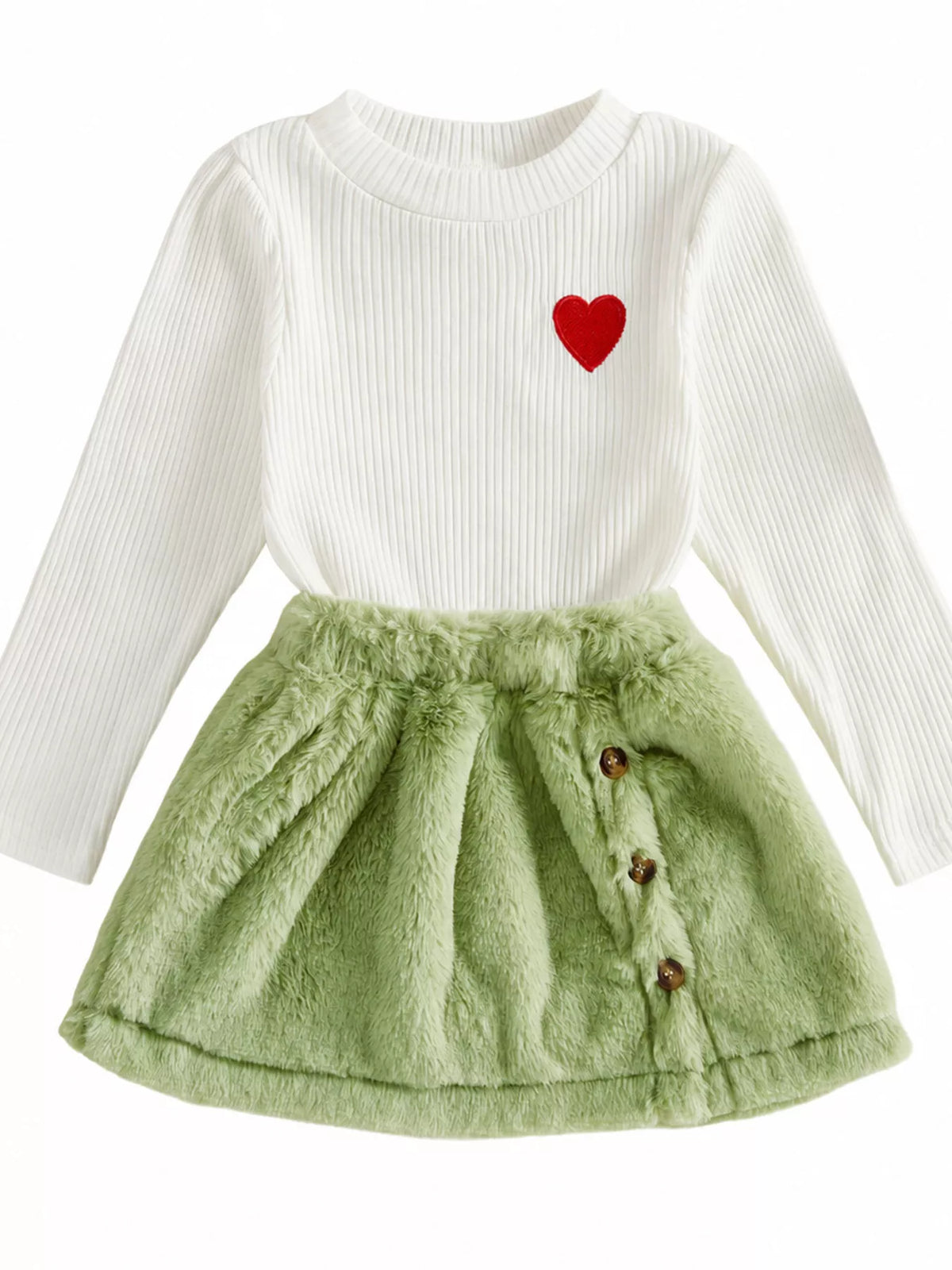 White heart-embroidered top with a green fuzzy skirt laid flat