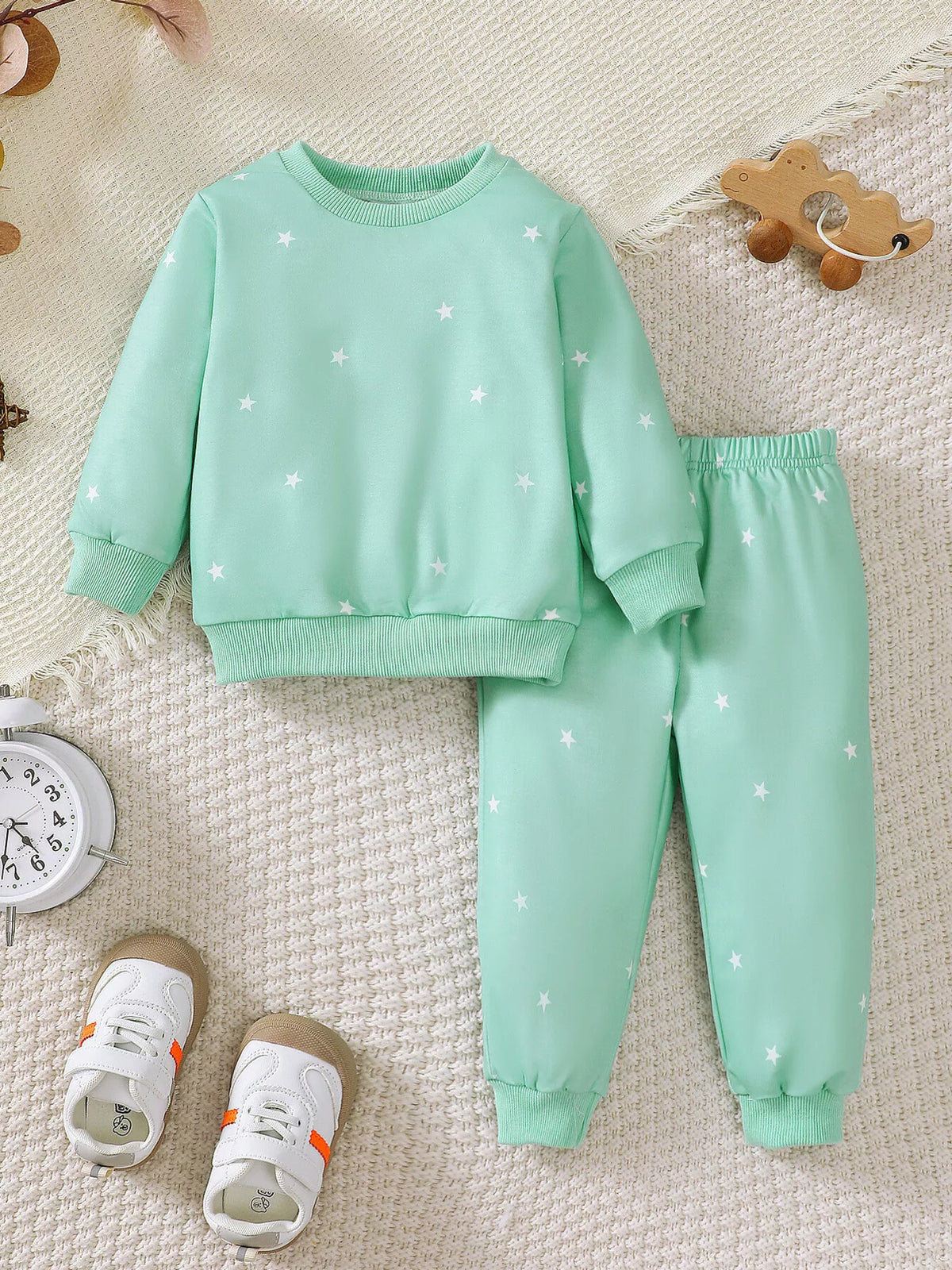Mint star print sweatshirt and joggers — outfit front