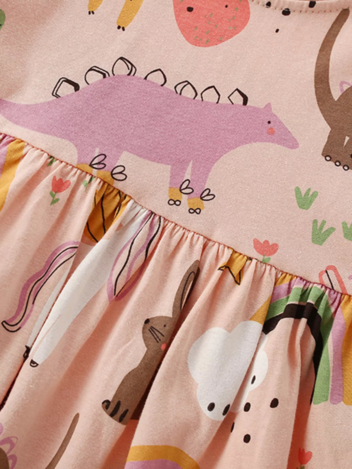 Peach dinosaur rainbow peplum top and leggings set — gathered waist of top