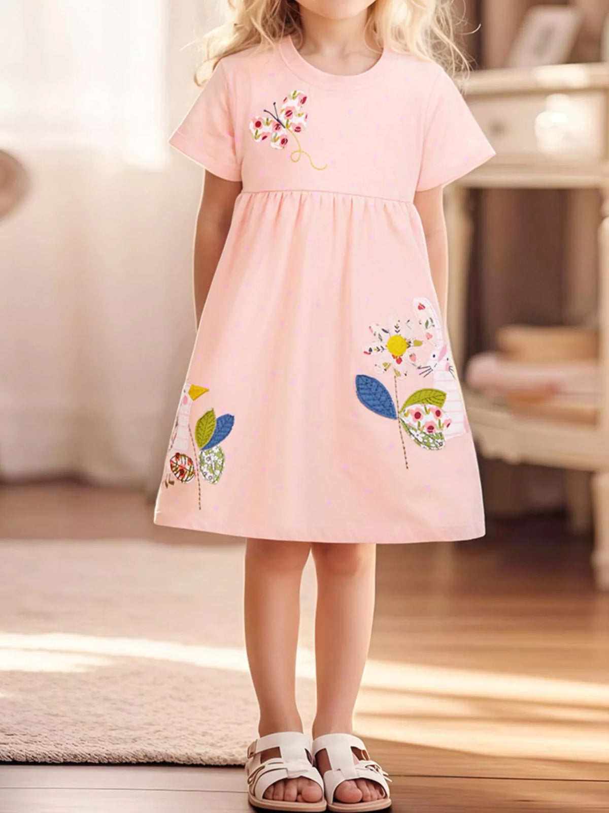 Bunny and Floral Embroidered Cotton Dress — dress worn by a child