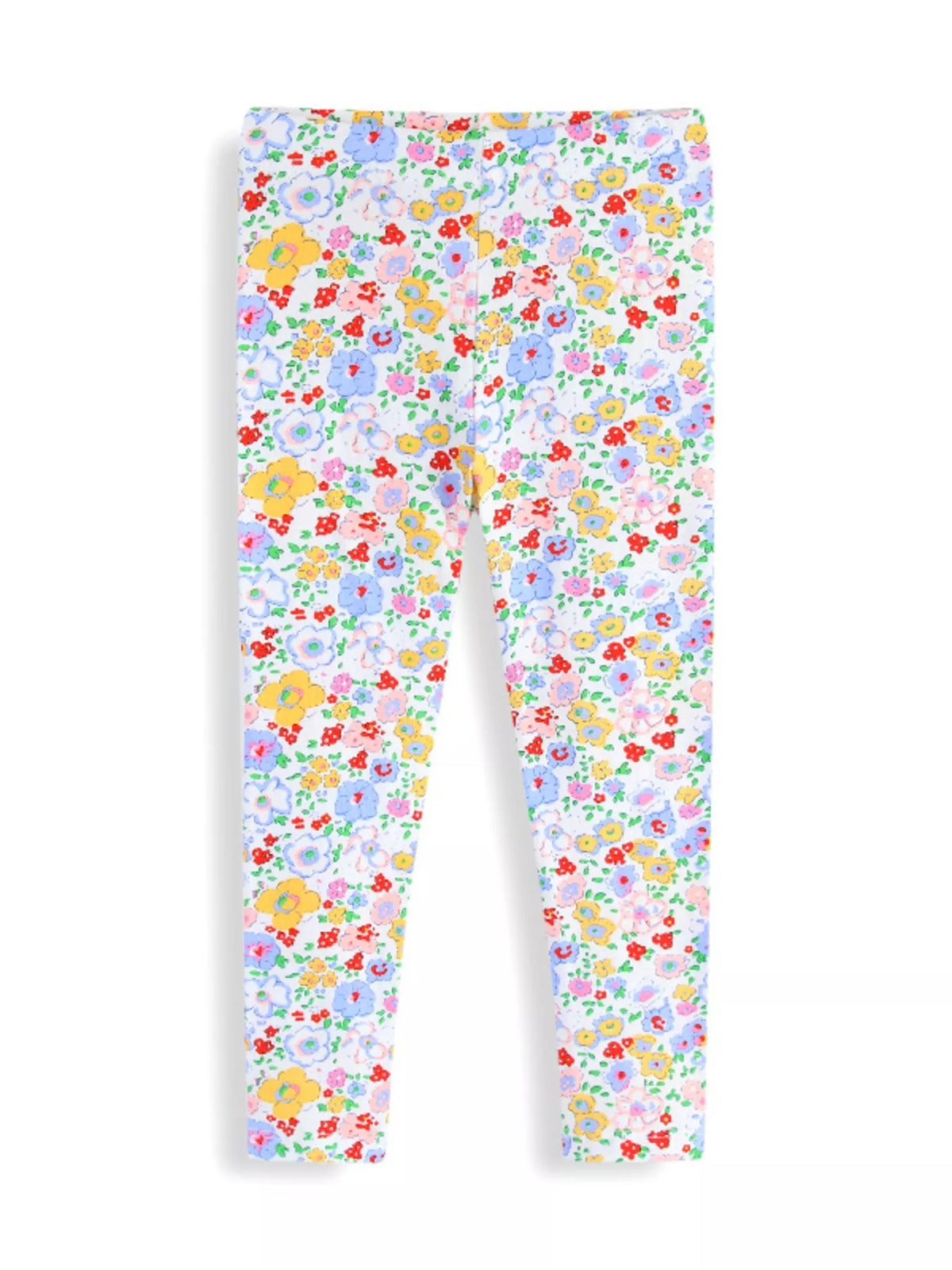 White leggings with a colorful floral print laid flat