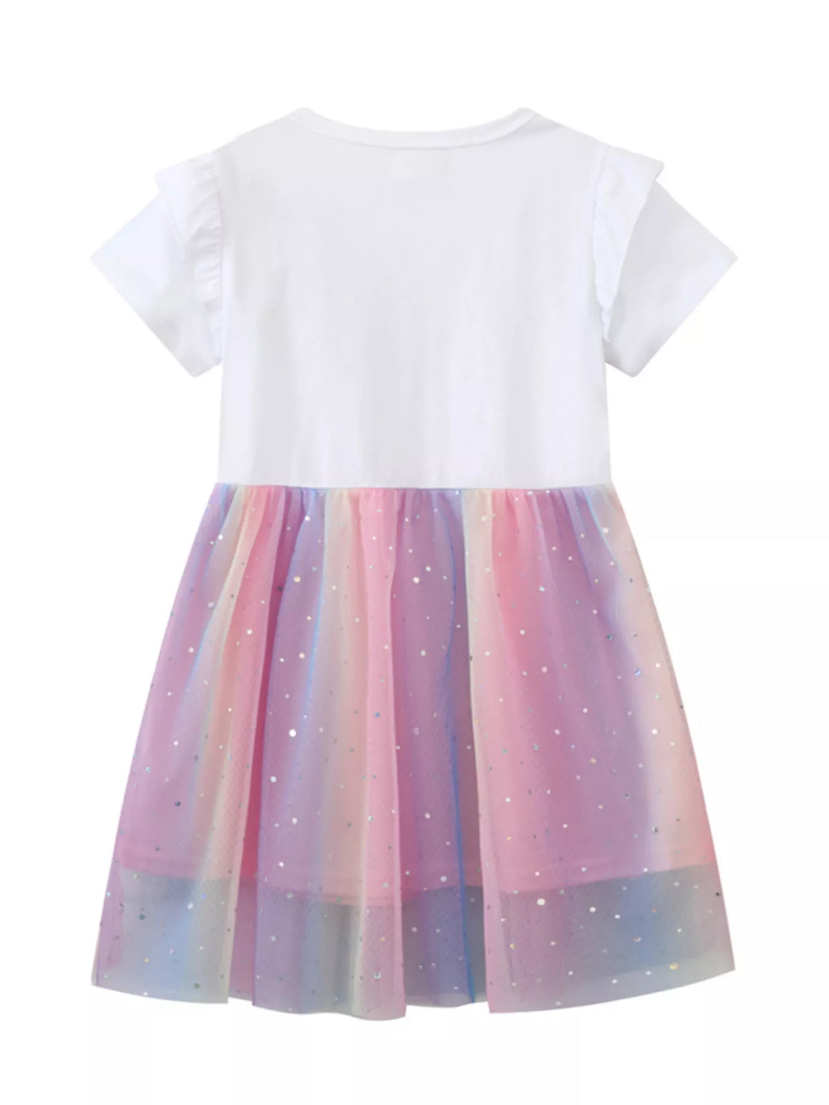 Pink Unicorn Graphic Rainbow Tulle Dress — back view