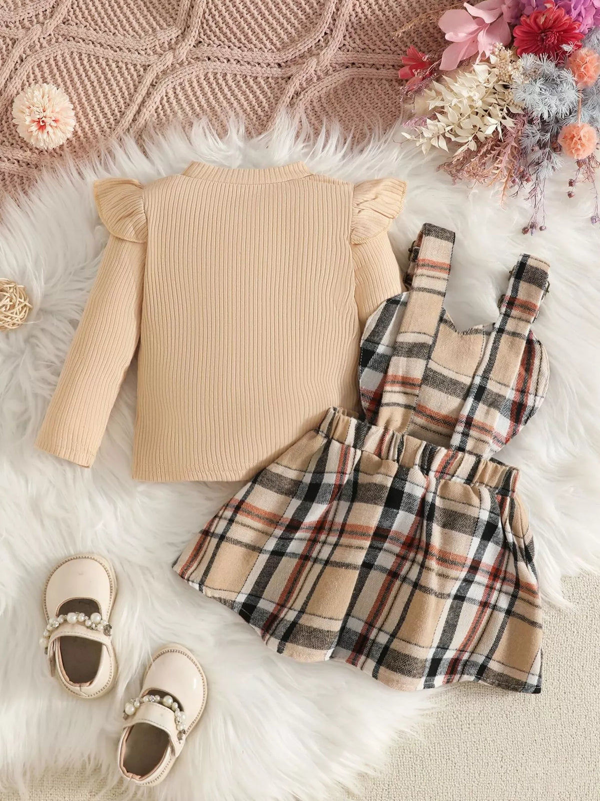 Plaid suspender skirt and ribbed top set — apricot top and skirt back