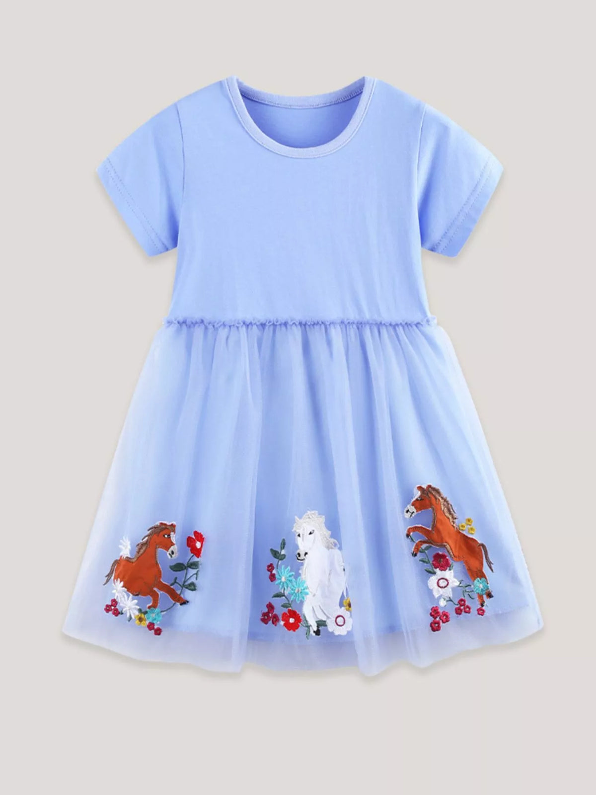 Blue Horse Embroidered Tulle Dress — front view