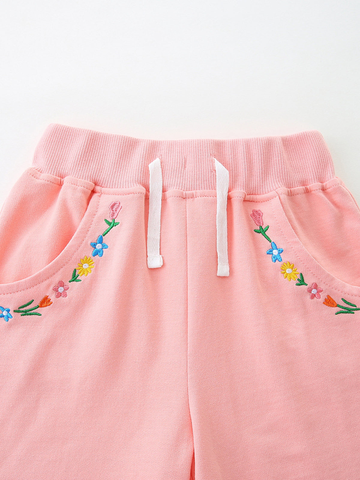 Pink Floral Embroidered Drawstring Shorts — drawstring and pockets