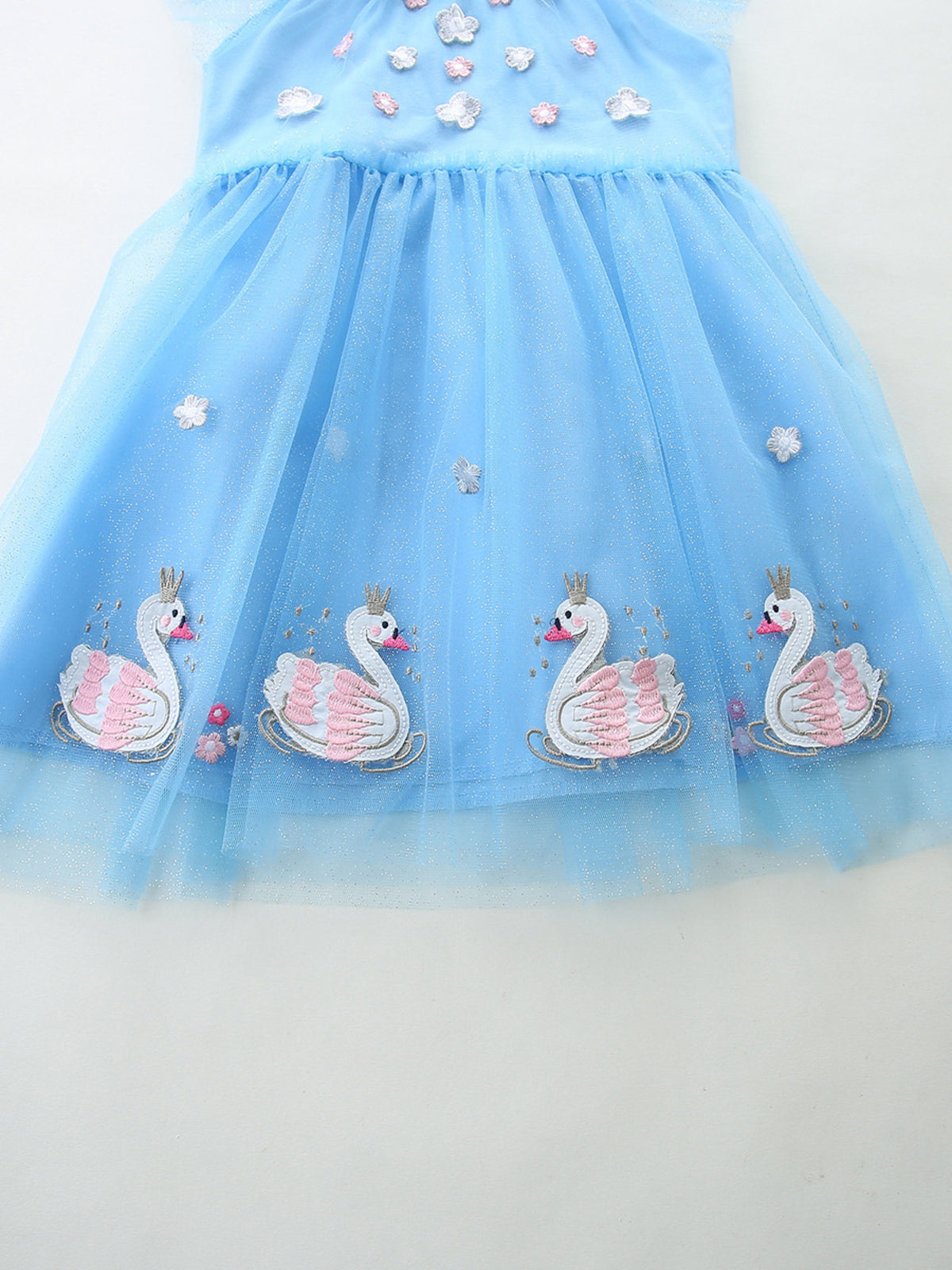 Blue Swan Embroidered Tulle Dress — swan embroidery on skirt