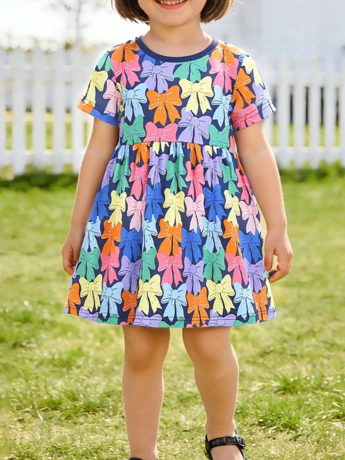Colorful Bow Print Cotton Dress — dress worn by a child