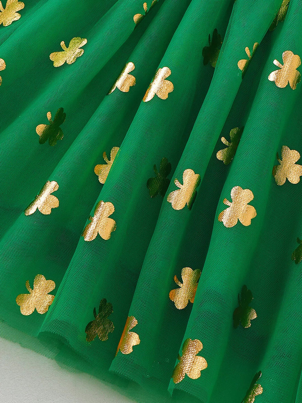 Green clover smocked tulle dress — gold clover pattern