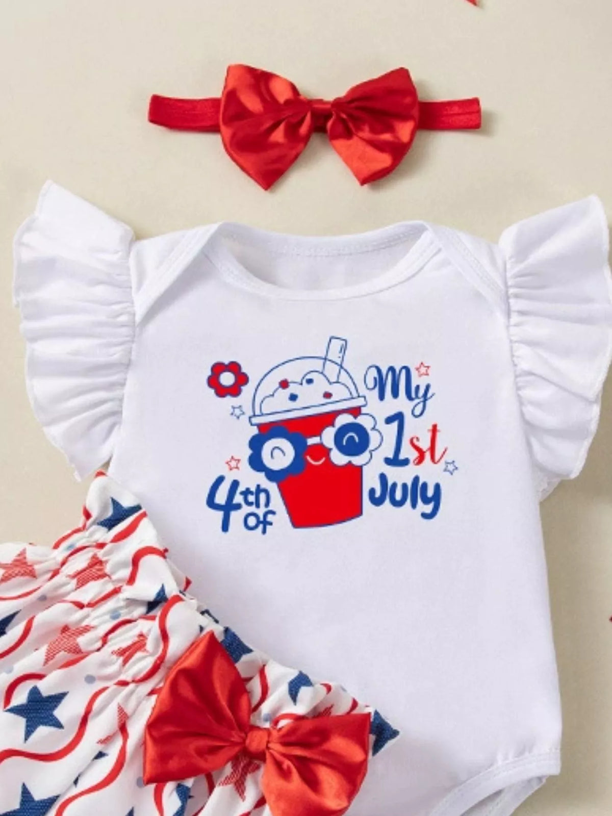 Baby Fourth of July Three-Piece Outfit Set — vehicle graphic bodysuit detail