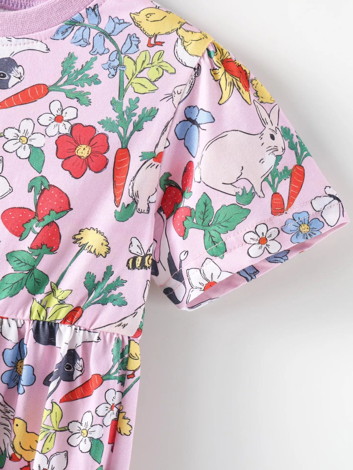 Pink Bunny and Floral Print Dress — short sleeve and floral print
