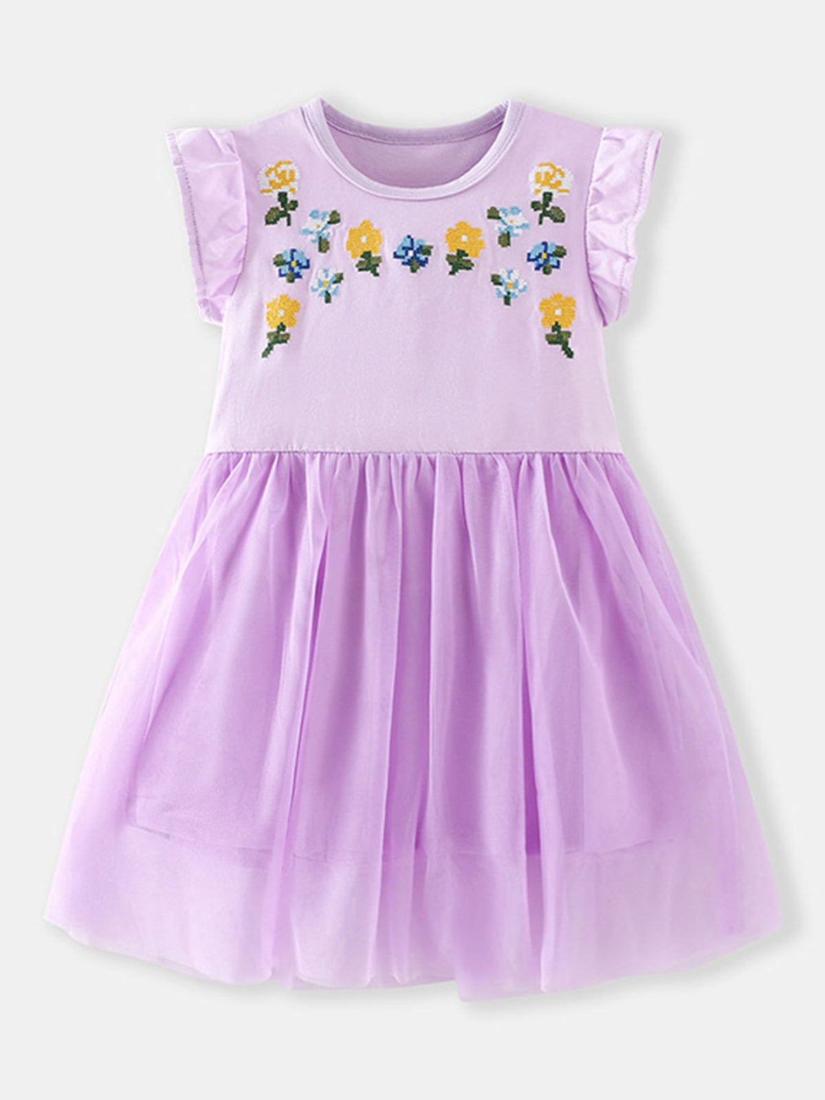 Lavender Floral Embroidered Tulle Dress — front view