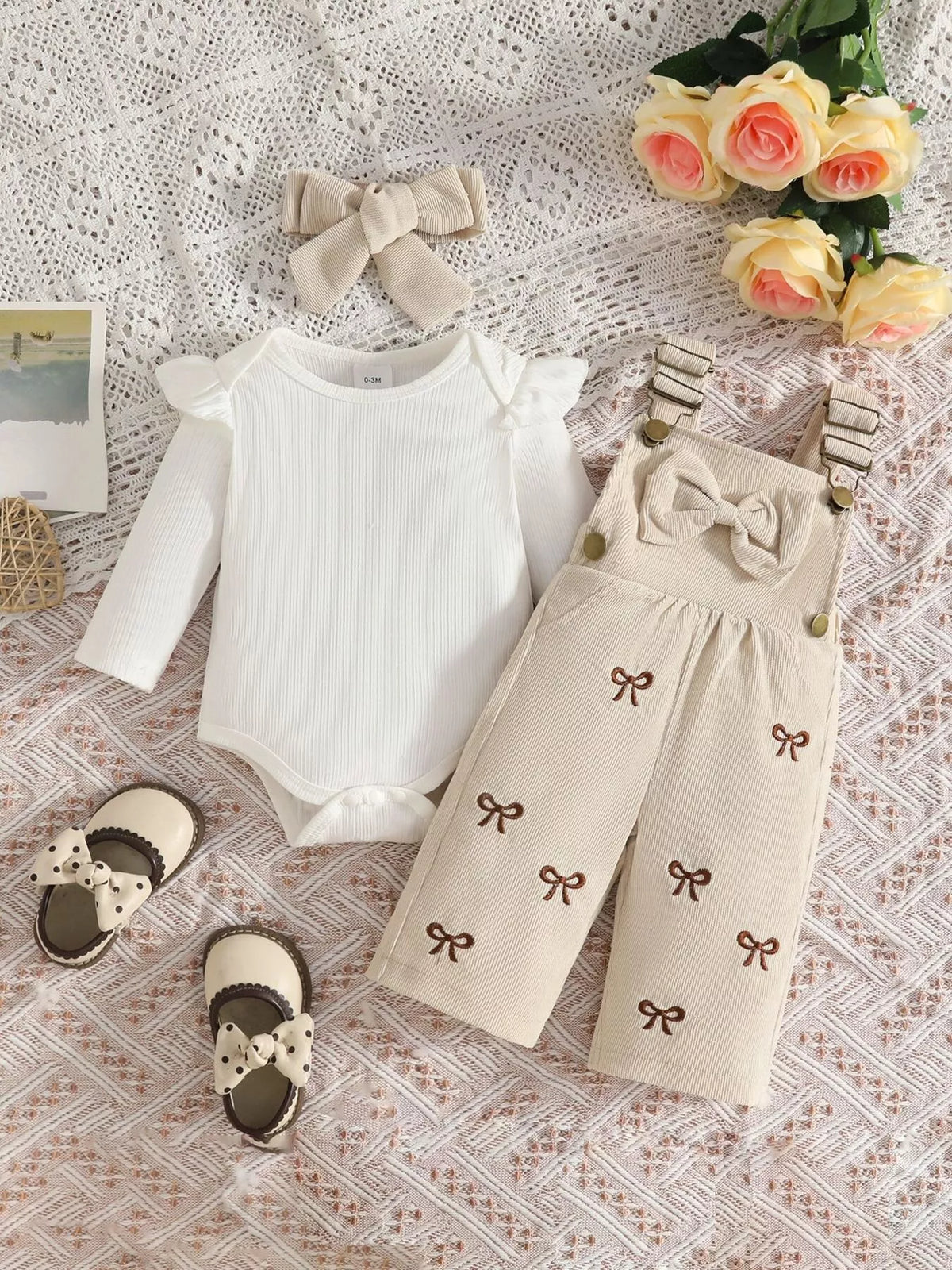 White ribbed bodysuit bow embroidered overalls and headband — apricot outfit separated