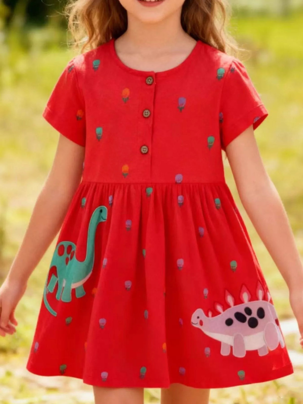 Red Dinosaur Button-Front Dress — dress worn by a child