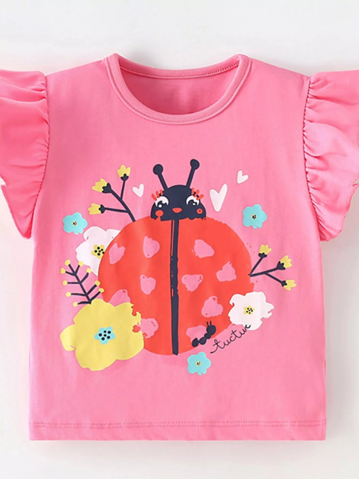 Hot pink ladybug flower graphic ruffle sleeve shirt — front