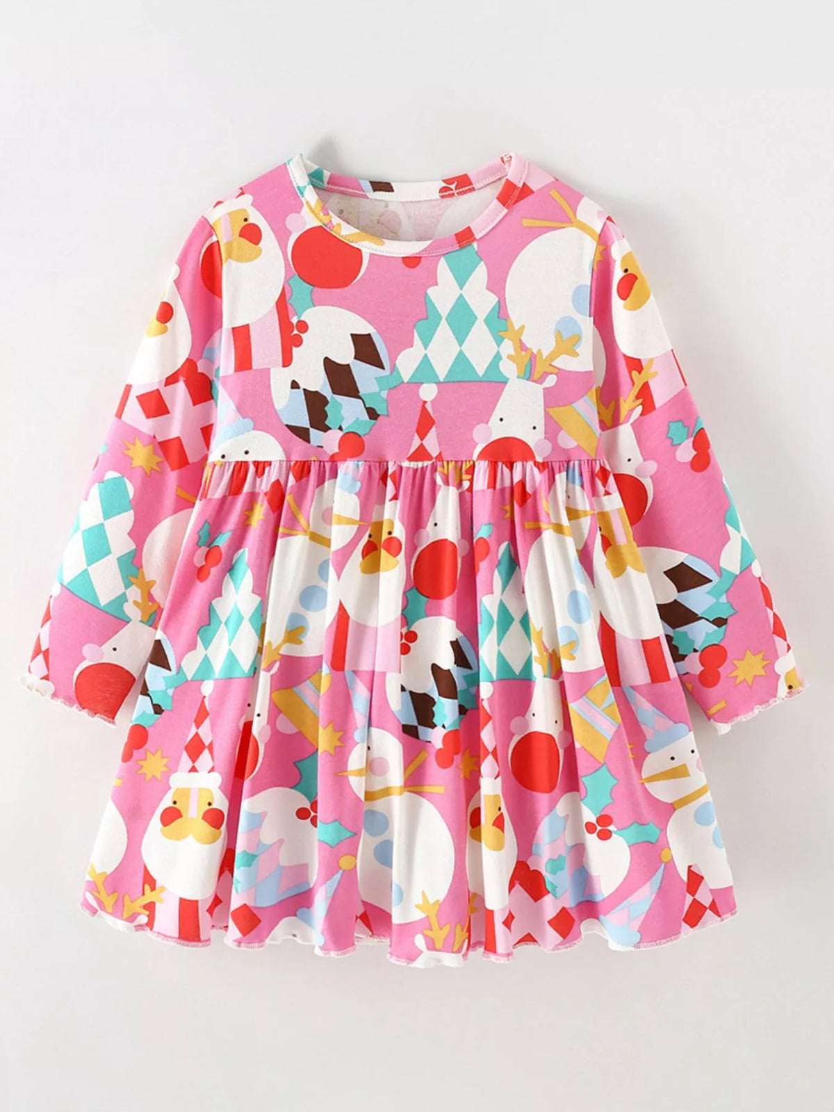 Multicolored Christmas-print long-sleeve dress laid flat