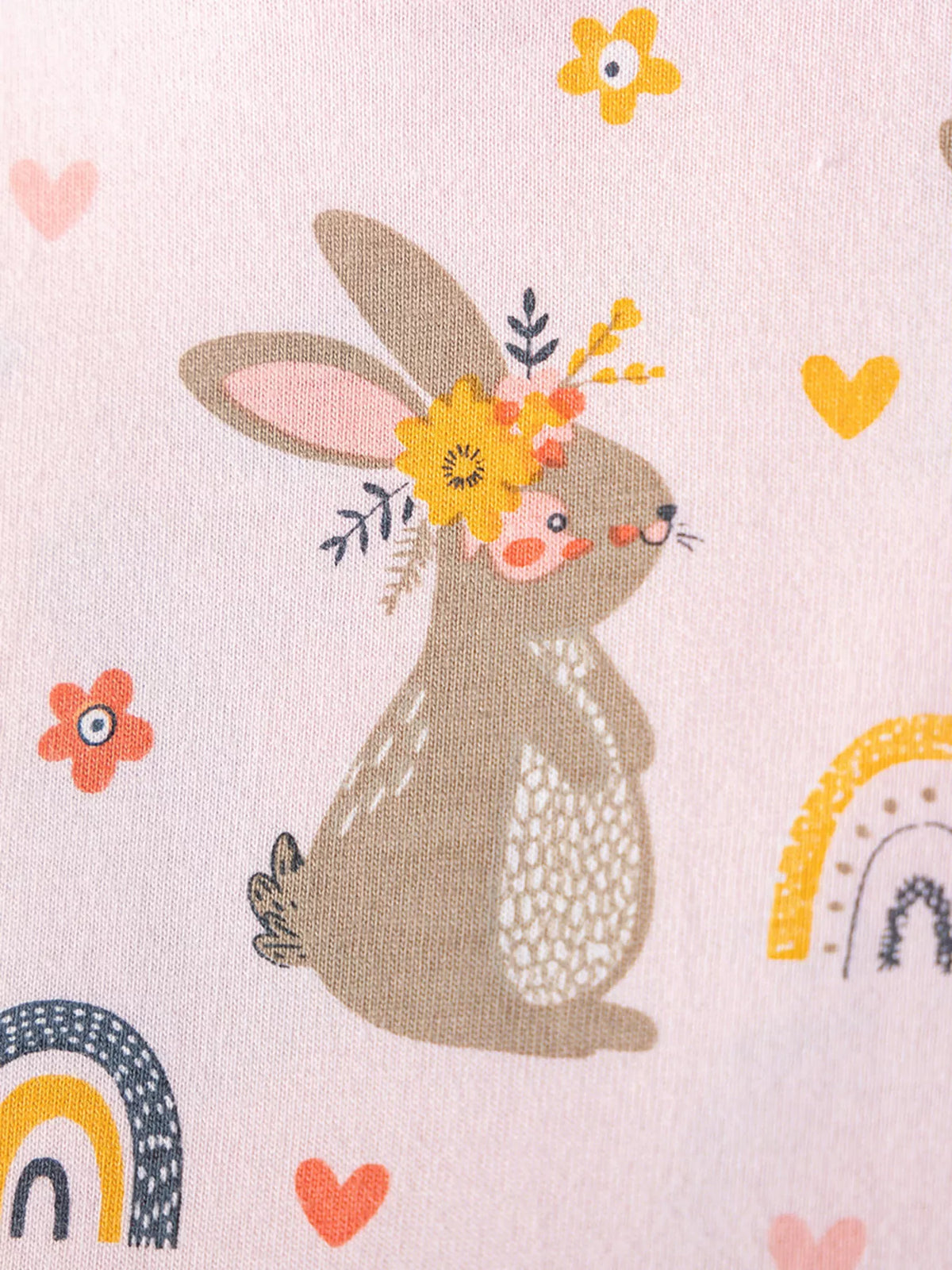 Bunny wearing a flower crown with heart and rainbow motifs