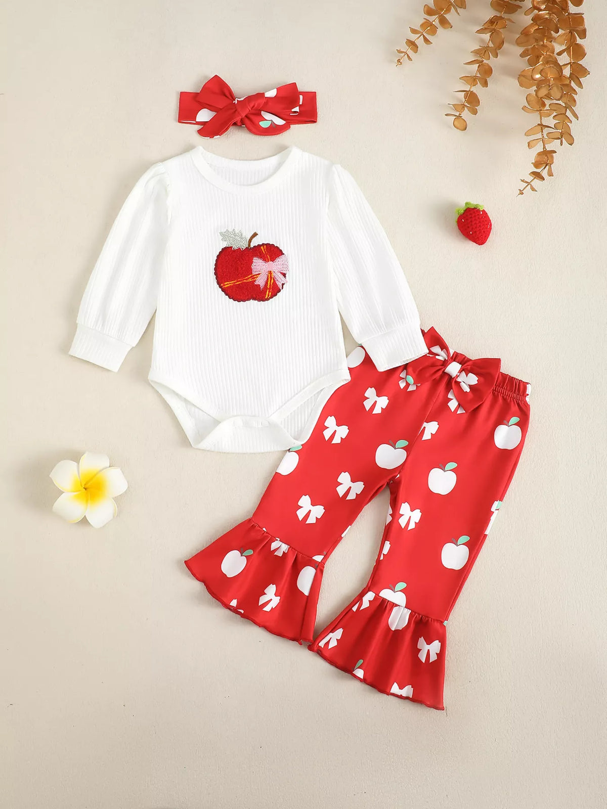 White ribbed apple bodysuit red flare pants and headband — full outfit front