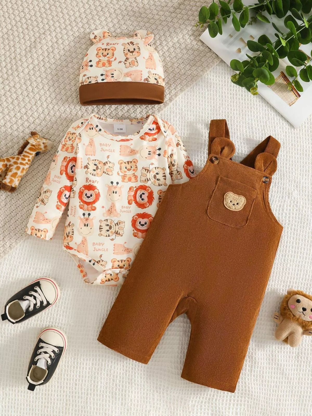 Brown corduroy bear pocket overalls animal print bodysuit and hat — bodysuit overalls and hat separated